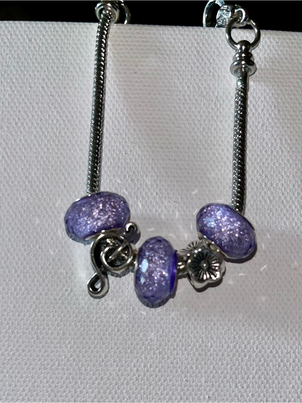 Silver Snake Chain Charm Bracelet w/Sparkly Lavender Accents & Silver Charms